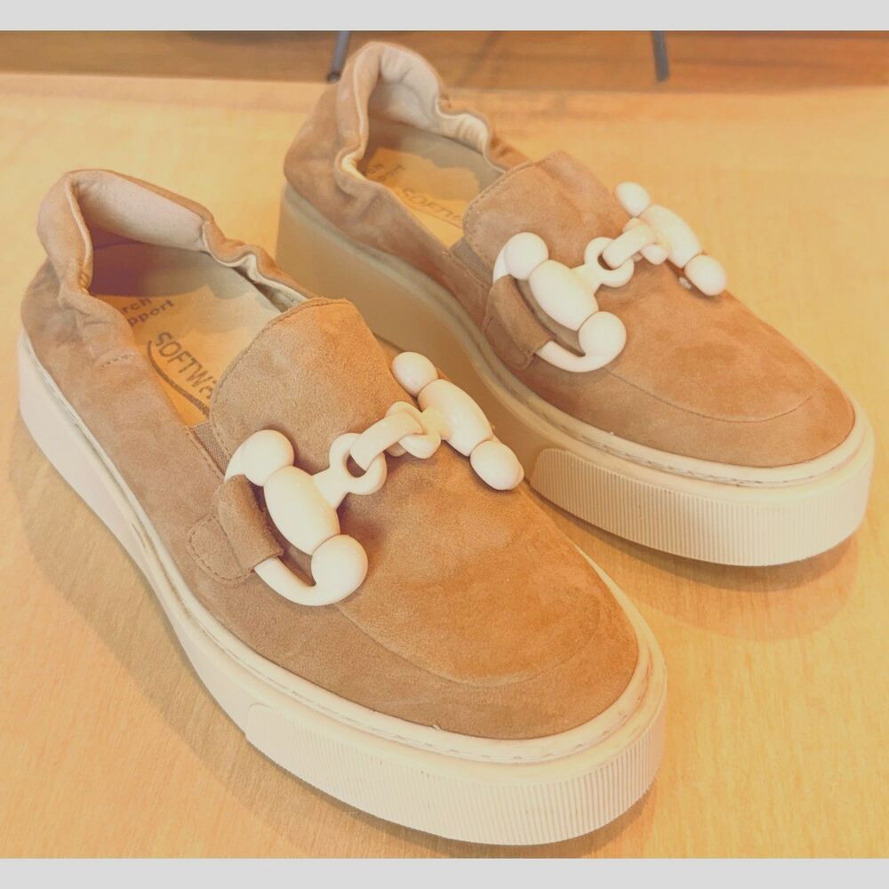 Softwaves Womens Tan Suede Platform Slip On Loafers Chain Size EU 37 US 6.5